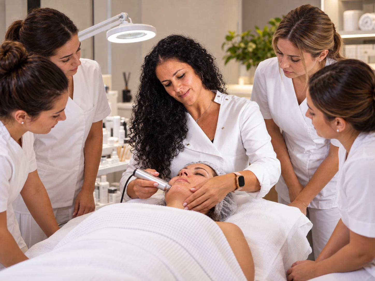 Formação prática: a Carla a orientar alunas durante um tratamento facial